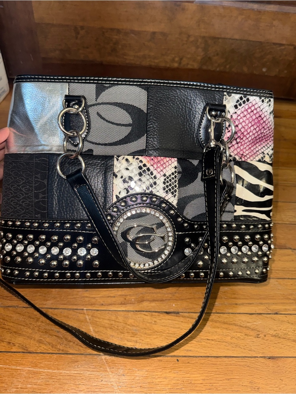 Patchwork Studded Shoulder Bag in Black with Pink Accents